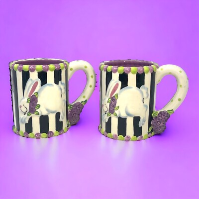 Set Of 2 Easter Mugs Bunny Rabbit Coffee Tea Spring Colorful Floral 3D