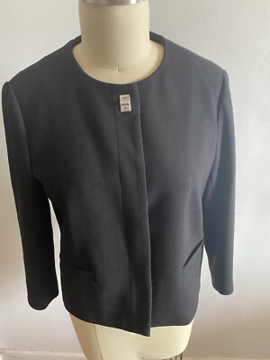 ZARA Basic Blazer Black Silver Tone Top Closure Hidden Snaps Collarless L Poly