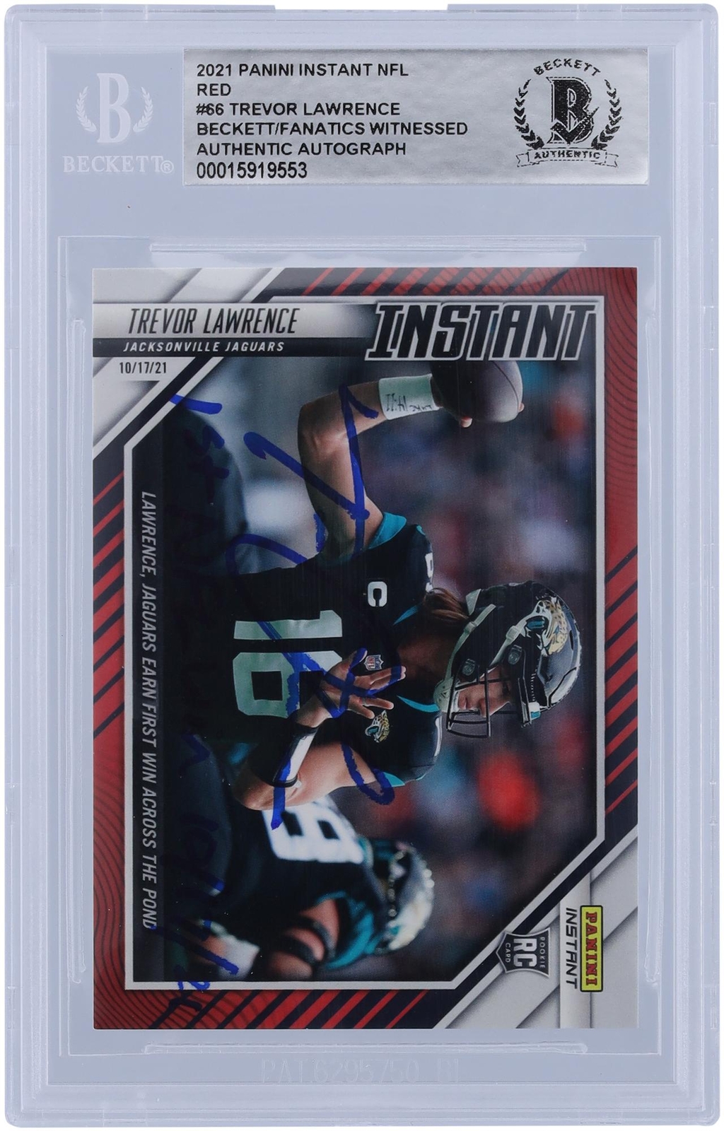 Trevor Lawrence Jaguars Signed 2021 Panini Instant #/99 BAS Rookie Card w/Insc