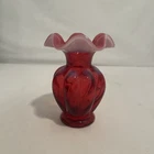 Vtg. Fenton Cranberry Opalescent Vase 5 in. x 3 in. Ruffle swirl Preowned