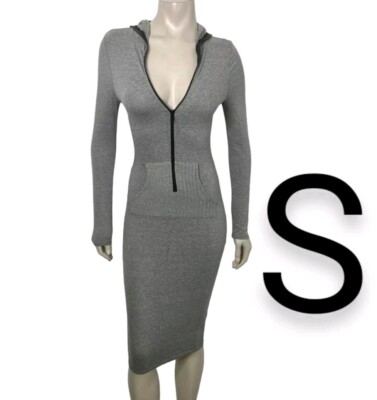 Comfy Heather Grey Warm Knit Front Zipper Midi Hoodie Dress~Size S | eBay