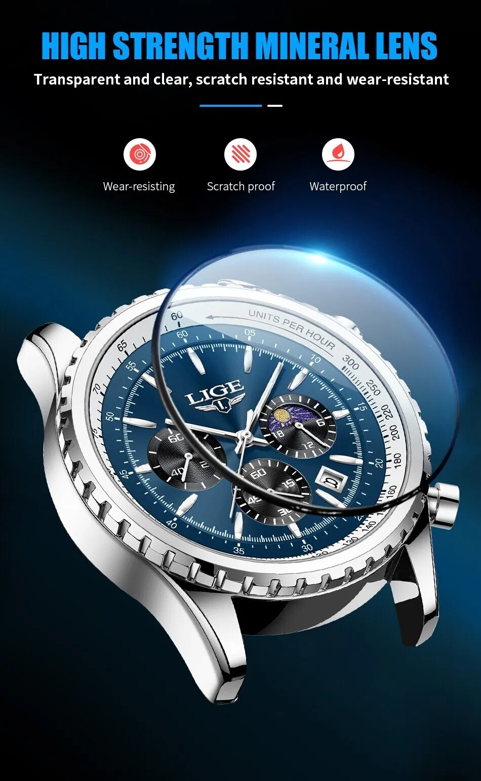 LIGE Mens Wristwatch Luxury Quartz Chronagraph Waterproof Sports Silver