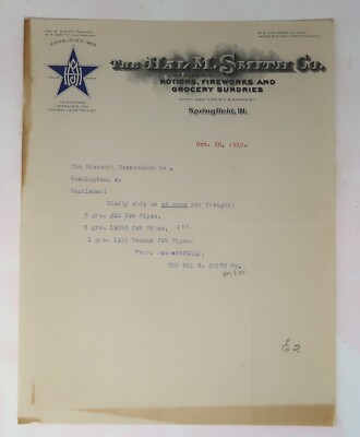 Vintage Ephemera 1915 Bill Head, Hall M. Smith Co. Notions, Fireworks & Grocery