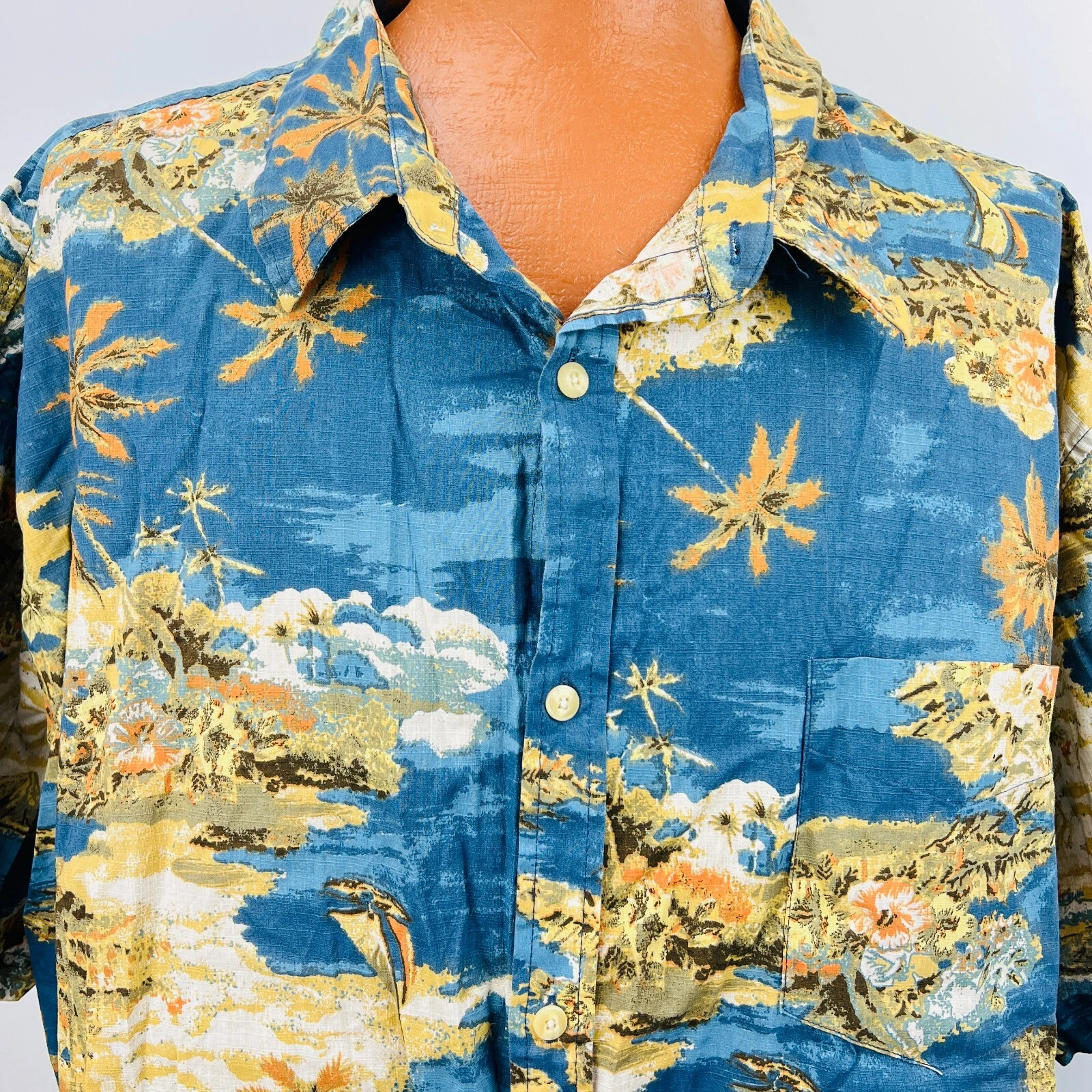 Foundry Hawaiian Aloha 5XL Shirt Sailboats Islands Hibiscus Palm Trees Beach