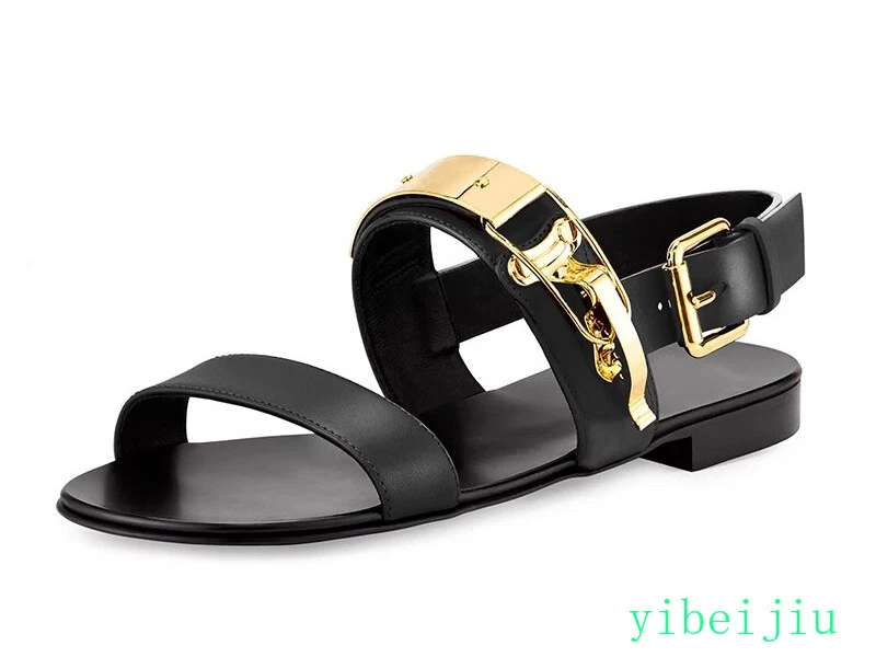 Fashion Men's Roman Sandals Metal Open Toe Slingback Real Leather Shoes Flat Man - Image 2 of 4