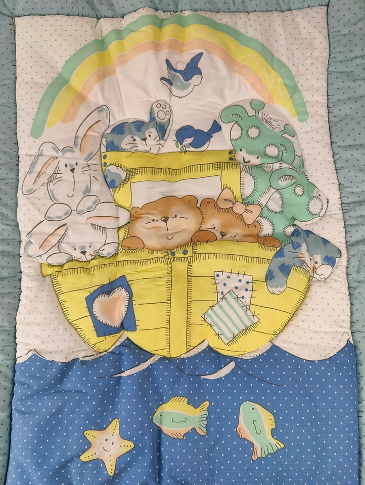 Gerber Noahs Ark Animal Comforter Blanket Reversible Religious Blue Quilt New - Image 3 of 4