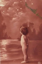 PA3040 TODDLER MOONING IN THE MOONLIGHT BROWN COLORED RPPC 