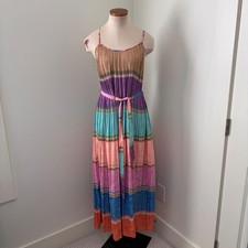 Current Air Small Rainbow Stripe Pleated Maxi Dress ~ Boho Flowy Beach
