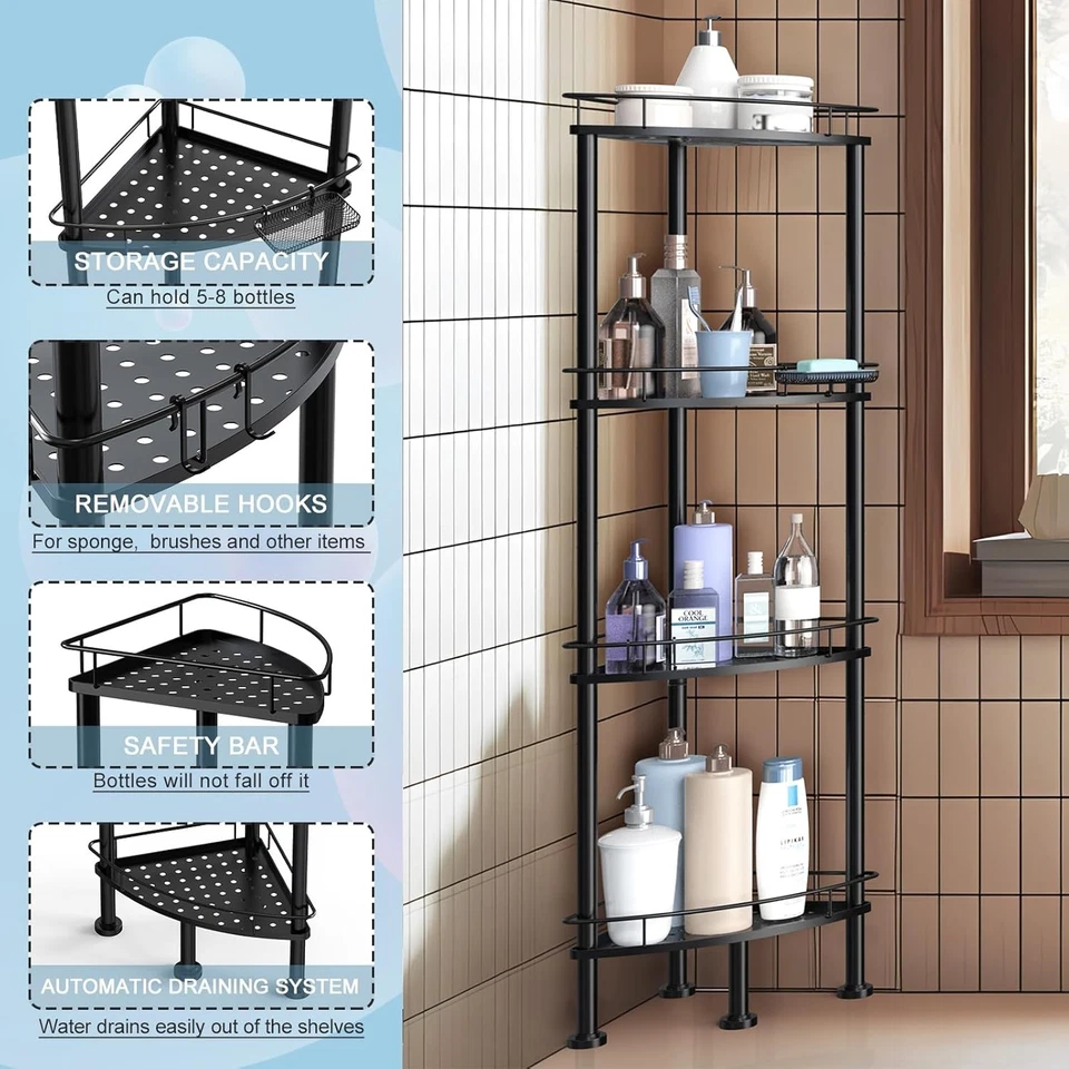 4 Tier Corner Shower Caddy Stand Floor Shower Shelf Heavy Duty Shower Organizer - Image 4 of 4