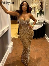 New Luxury Sparkly Crystal Rhinestone Pearl Celebrities Gown Brown Dress Woman S