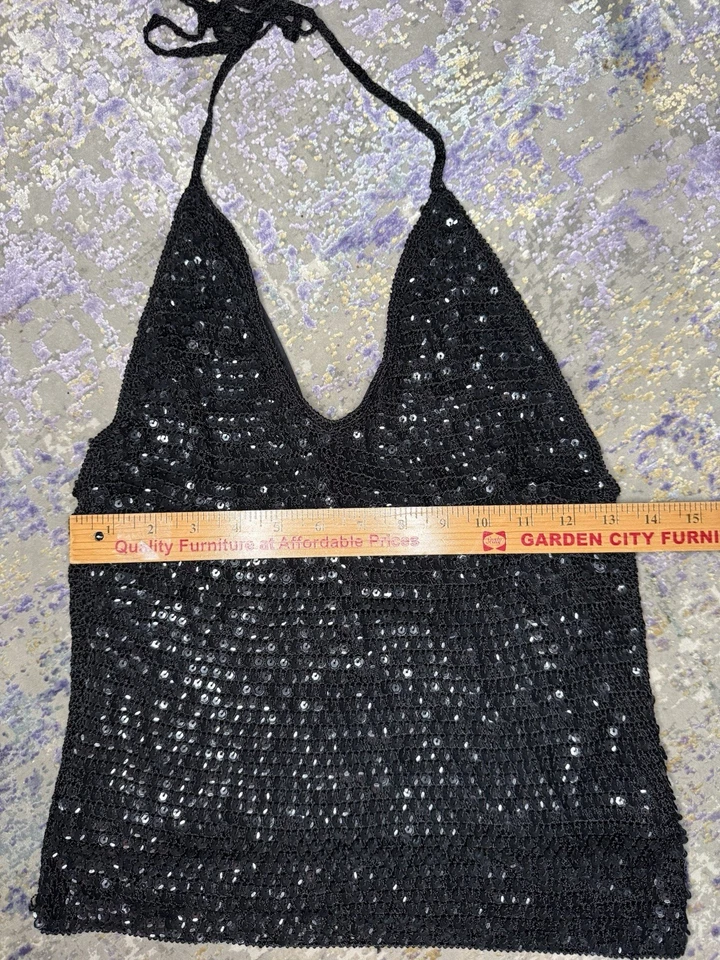 Cute Vintage Y2K Forever 21 Black Sequin Halter Going Out Top Size Medium - Image 4 of 4