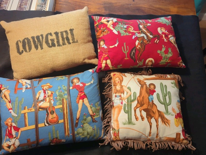 Retro Cowgirl Pinup Set Of 4 Pillows, Homemade Western Cowboy Decor Country Cute