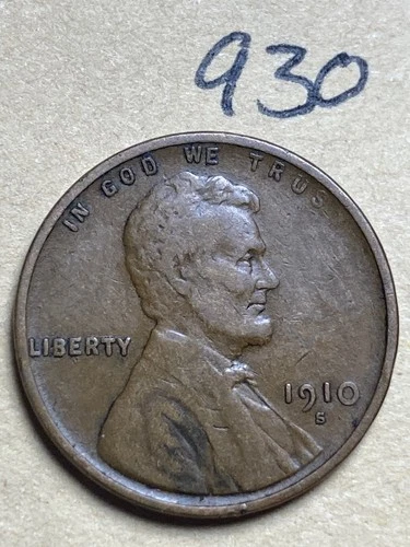 1910-S LINCOLN WHEAT CENT, low mintage date, "Very Fine" condition #930