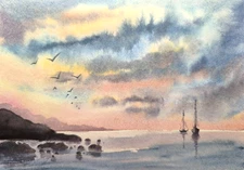 Original Artwork Modern Painting Landscape BIRDS SKY BOAT Seascape Arts Gift A5