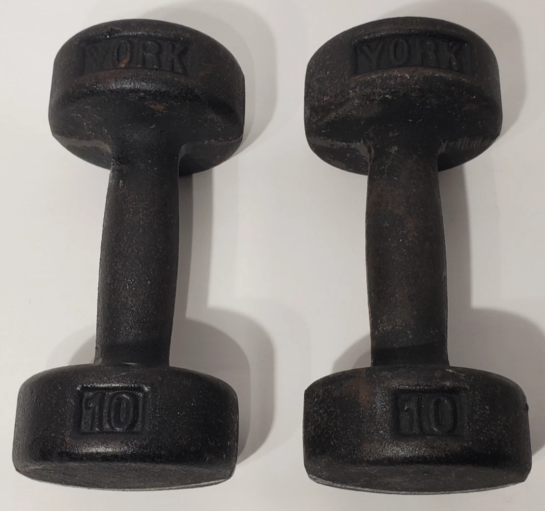 Vintage Pair of YORK 10 Lb Roundhead Dumbbells Pre-USA Cast Iron Weights