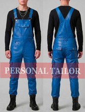 Men's Blue Leather Overall Bib Cargo Pockets Utility Uniform Dungaree Jumpsuit