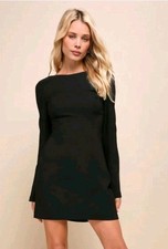 Lulus Elegant Cutie Black Bow Back Long Sleeve Mini Dress Size M