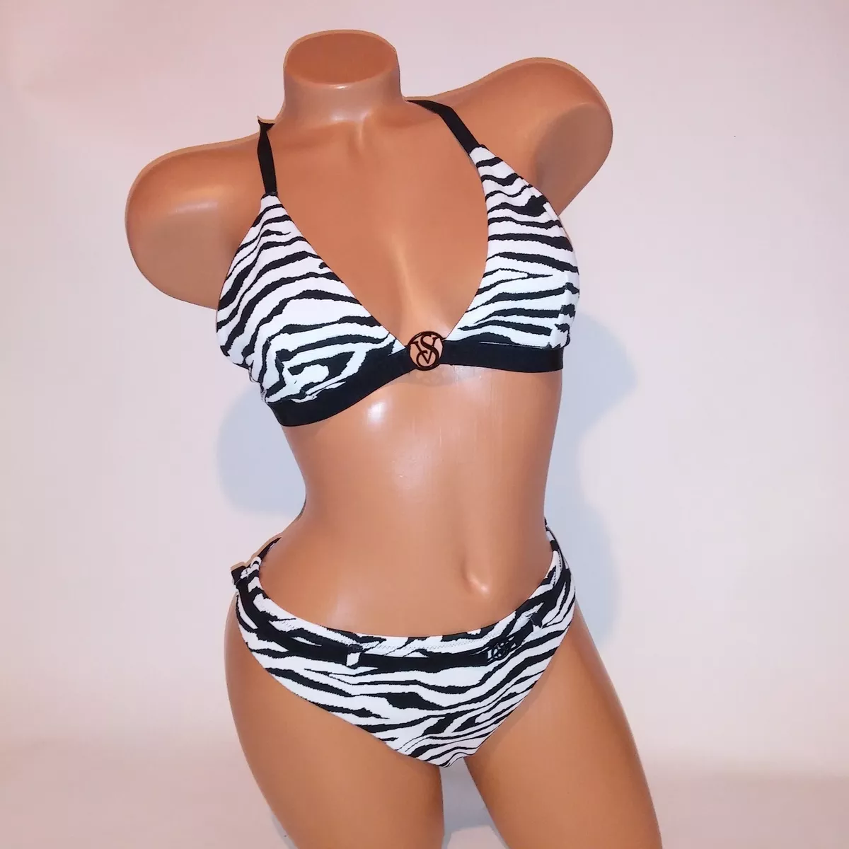 Victoria Secret Swim Bikini Large Top Bottom Black White Animal Print Ribbed