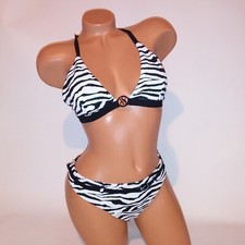 Victoria Secret Swim Bikini Large Top Bottom Black White Animal Print Ribbed