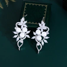 Symmetrical CZ Leaf Pearl Drop Earrings Silver Plated Dangle Jewelry for Brides