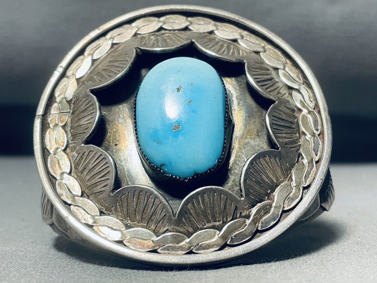 MUSEUM VINTAGE NAVAJO TURQUOISE WAVE SHELL STERLING SILVER