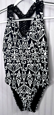 Athena Womens Swimsuit 8  Black White Floral  Macrame Strap V-Neck NEW Made USA