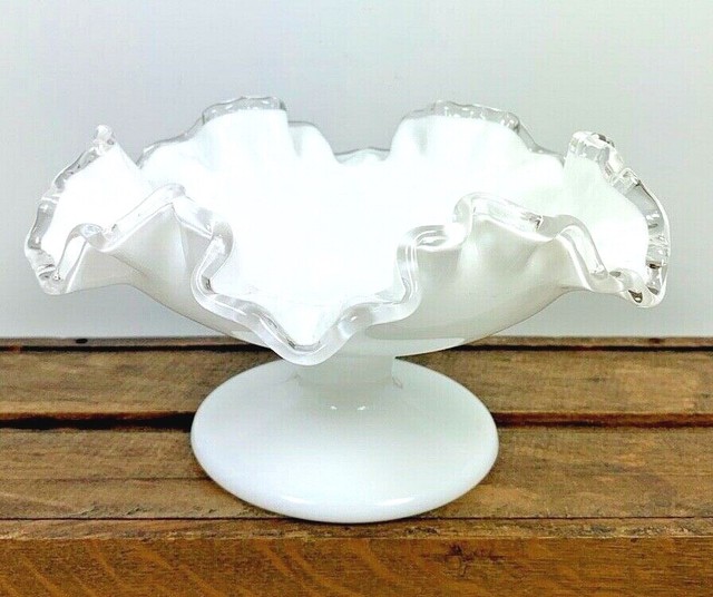 Collectible Vintage FENTON Milk White Glass w/ Ruffle Footed Candy Bowl