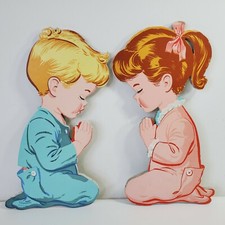 The Dolly Toy Praying Boy Girl Cardboard Pin Ups Paper Wall Art Litho 1958 VTG