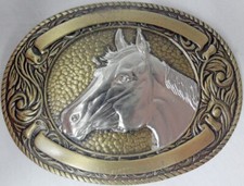 Vintage Antique Horse Solid Brass Belt Buckle w/ Silver Toned Accents