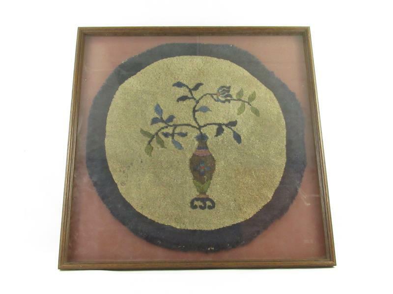 Framed Round Antique Wool Rug Black And Beige Vase Of Flowers Home Wall Decor
