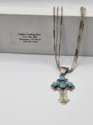 Native American Vintage Sterling Cross with Heart Turquoise Pendant and Necklace