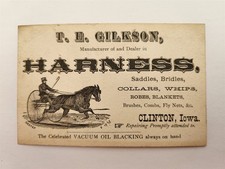 1880s antique TE GILKSON clinton ia HARNESS horse sulky carriage TRADE CARD ad