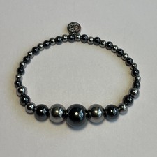 Hematite Beaded Elastic Rustic Cuff Bracelet in Black & Silver
