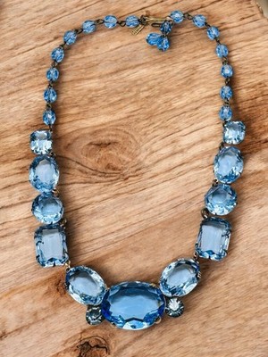 Vintage Blue Glass Rhinestone Necklace Signed Frances Hirsch Beautiful 16''