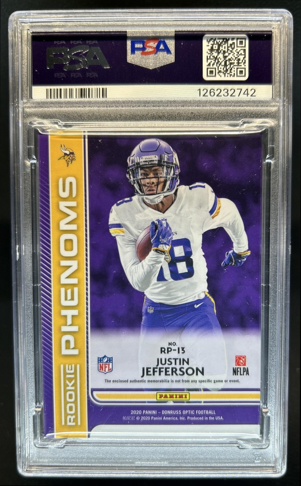 2020 Donruss Optic Justin Jefferson Rookie Phenoms Jersey Blue Hyper RP-13 PSA 9 view 2