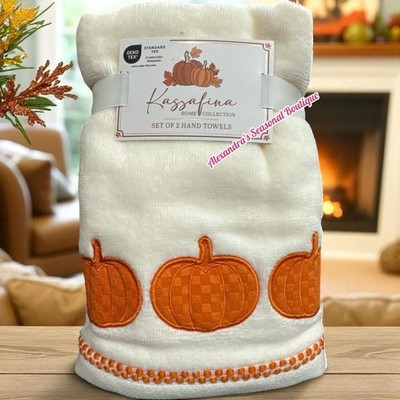 Fall Harvest Thanksgiving Set Of 2 Hand Towels Embroidered Pumpkin 100% Cotton ￼