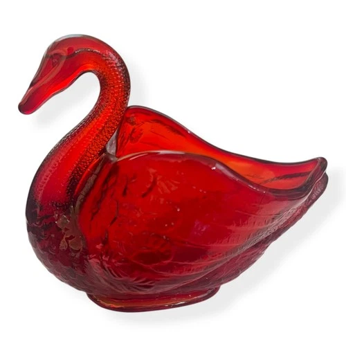 Vtg Fenton Ruby Red Glass Swan Trinket Dish Figurine Signed Open Back *Glows*