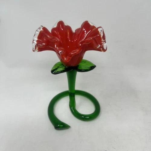Vintage 6.5" Murano Style Red & Green Glass Flower Candle Holder