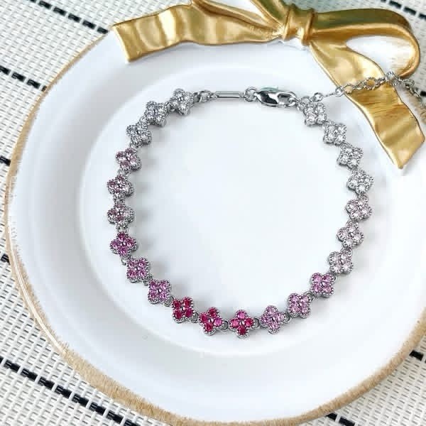 Park Lane PEONY Pink Ombré Micro CZ Quatrefoils 5mm Silver Tennis
