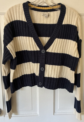 American Eagle Navy Striped Cropped Cardigan Size M Nautical Coastal Preppy