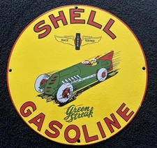 SHELL GASOLINE SIGN GREEN STREAK MOTOR ENGINE RACING MEMORABILIA VINTAGE GAS OIL