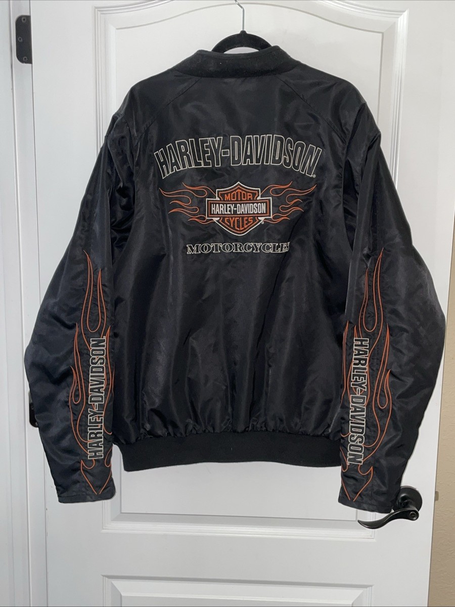 Harley Davidson Motorcycle Black Nylon Bomber Jacket w/ Orange