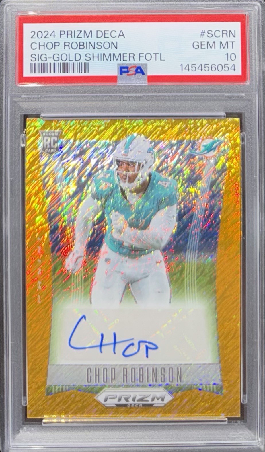 2024 PANINI PRIZM DECA CHOP ROBINSON ROOKIE AUTO GOLD SHIMMER /10 FOTL PSA 10