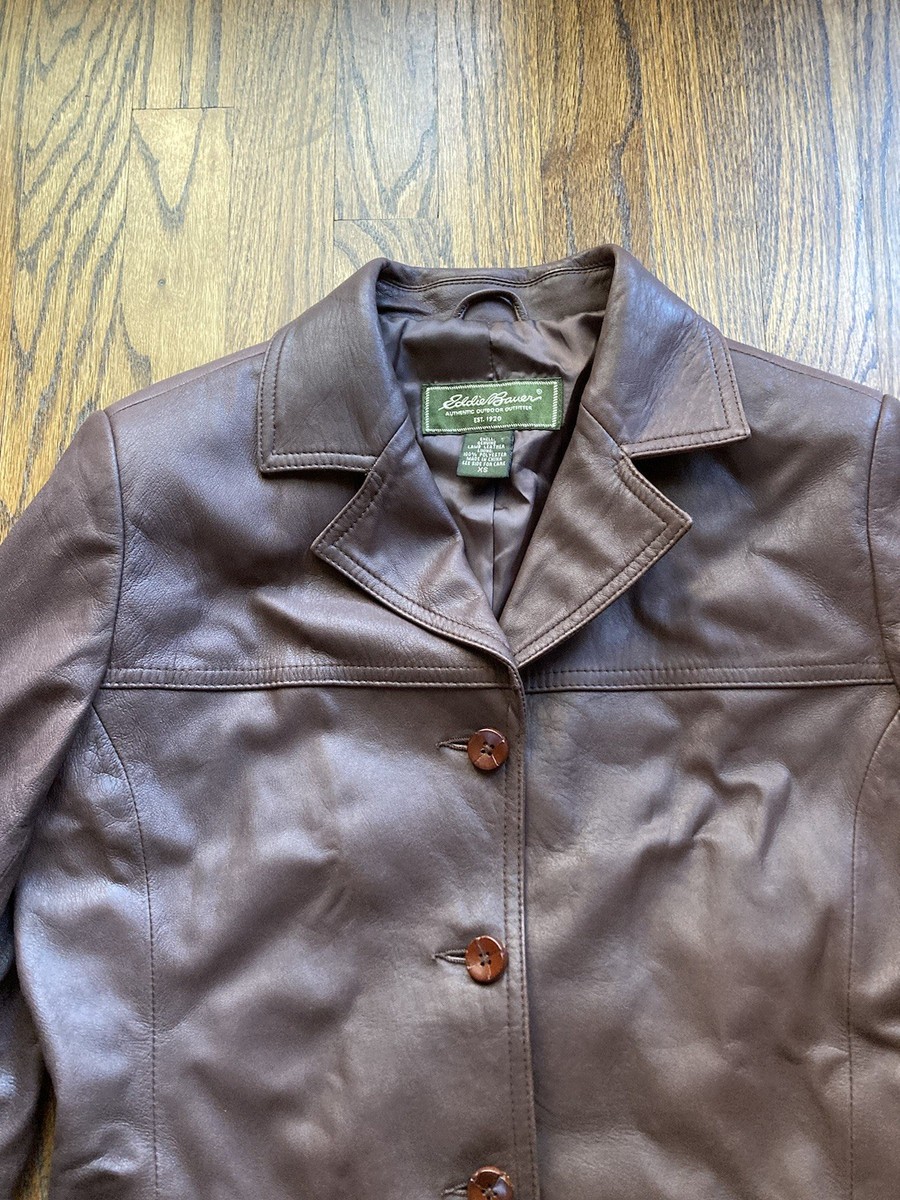 Eddie Bauer Lamb Leather Jacket Womens Size XS Brown Long Genuine