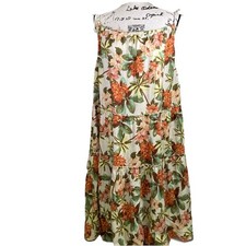 Floral Sundress Women’s Sz S Tiered Skirt Linen Rayon Strappy Orange Green