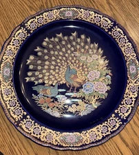 Moroccan Taous Blue Gold COBALT PEACOCK PLATE Vintage Large 12” Signed