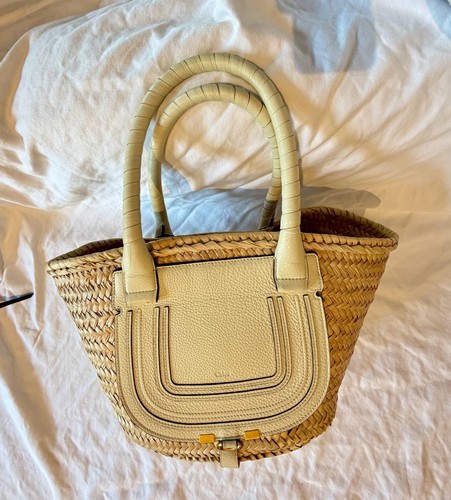 Chloé Marcie Medium Basket Tote Bag in Raffia and Grained Calfskin