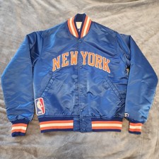 VINTAGE New York Knicks Starter Jacket Satin Bomber Men's Medium Blue NBA USA