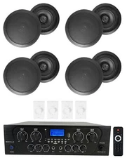 Rockville 4-Room Home Audio Kit Stereo+8 Black 8" Ceiling Speakers+Wall Controls