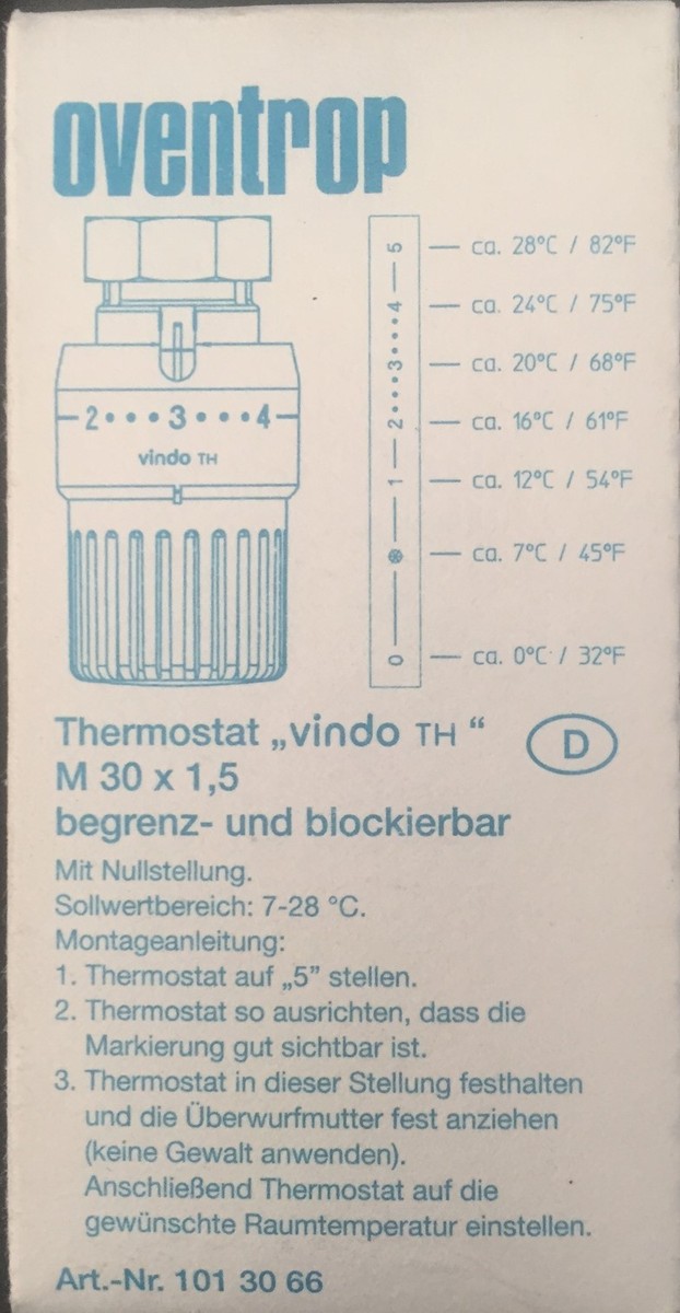 Tête De Thermostat Oventrop Vindo TH M30x1,5 - Référence 1013066 - Neuf - Allemagne